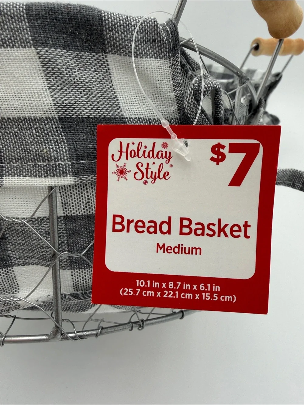 Set of 2 Gray & White Buffalo Check Wire Basket with Wooden Handles